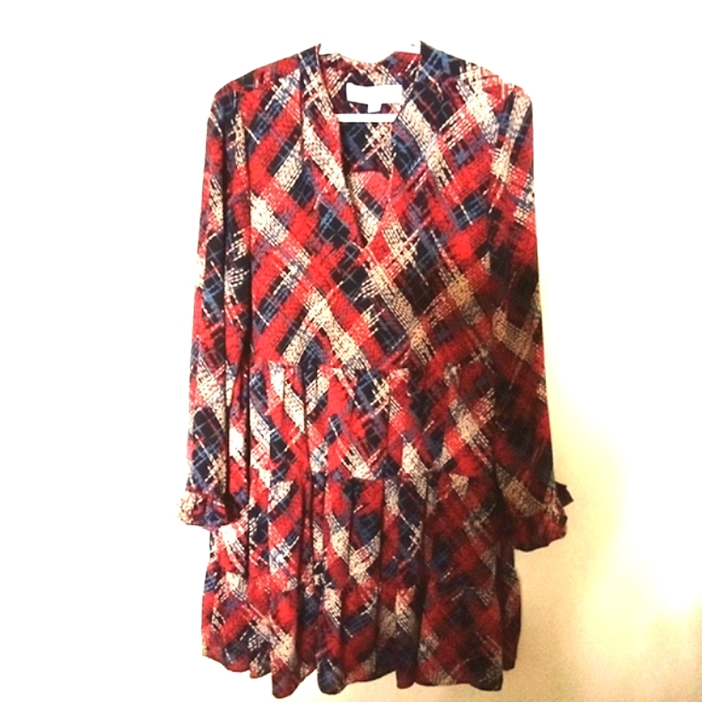 Emma & Michele Women's Orange & Navy Tiered Dress with Crosshatch Pattern Medium